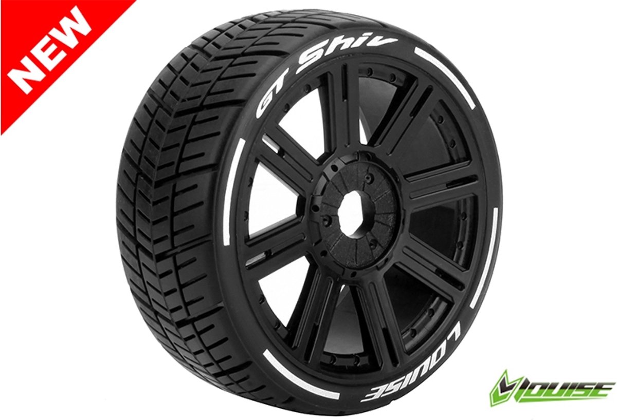 Louise RC - GT-SHIV - MFT Technology - 1-8 Buggy Banden Set - Verlijmd op velg - Soft  - Spaakvelgen Zwart - Zeskant 17mm - 1 Paar