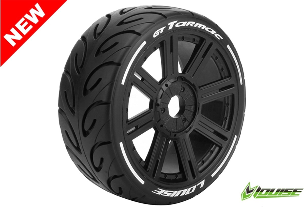 Louise RC - GT-TARMAC - MFT Technology - 1-8 Buggy Banden Set - Verlijmd op velg - Soft  - Spaakvelgen Zwart - Zeskant 17mm - 1 Paar