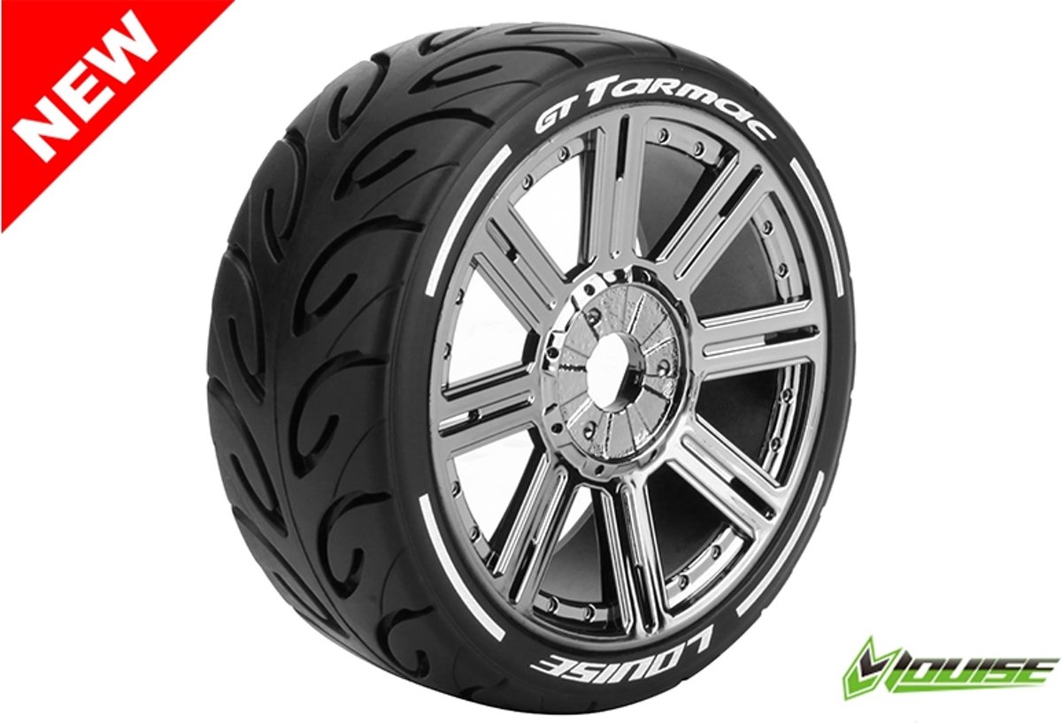 Louise RC - GT-TARMAC - MFT Technology - 1-8 Buggy Banden Set - Verlijmd op velg - Soft  - Spaakvelgen Zwart Chroom - Zeskant 17mm - 1 Paar