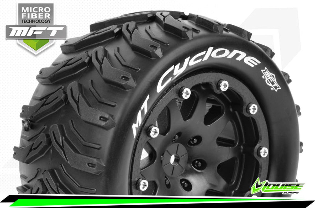 Louise RC - MFT - MT-CYCLONE - 1-10 Monster Truck Bandenset - Gemonteerd - Sport - 2.8 Bead-Lock Velgen Zwart - 1/2-Offset - Zeskant 14mm - L-T3310SBM