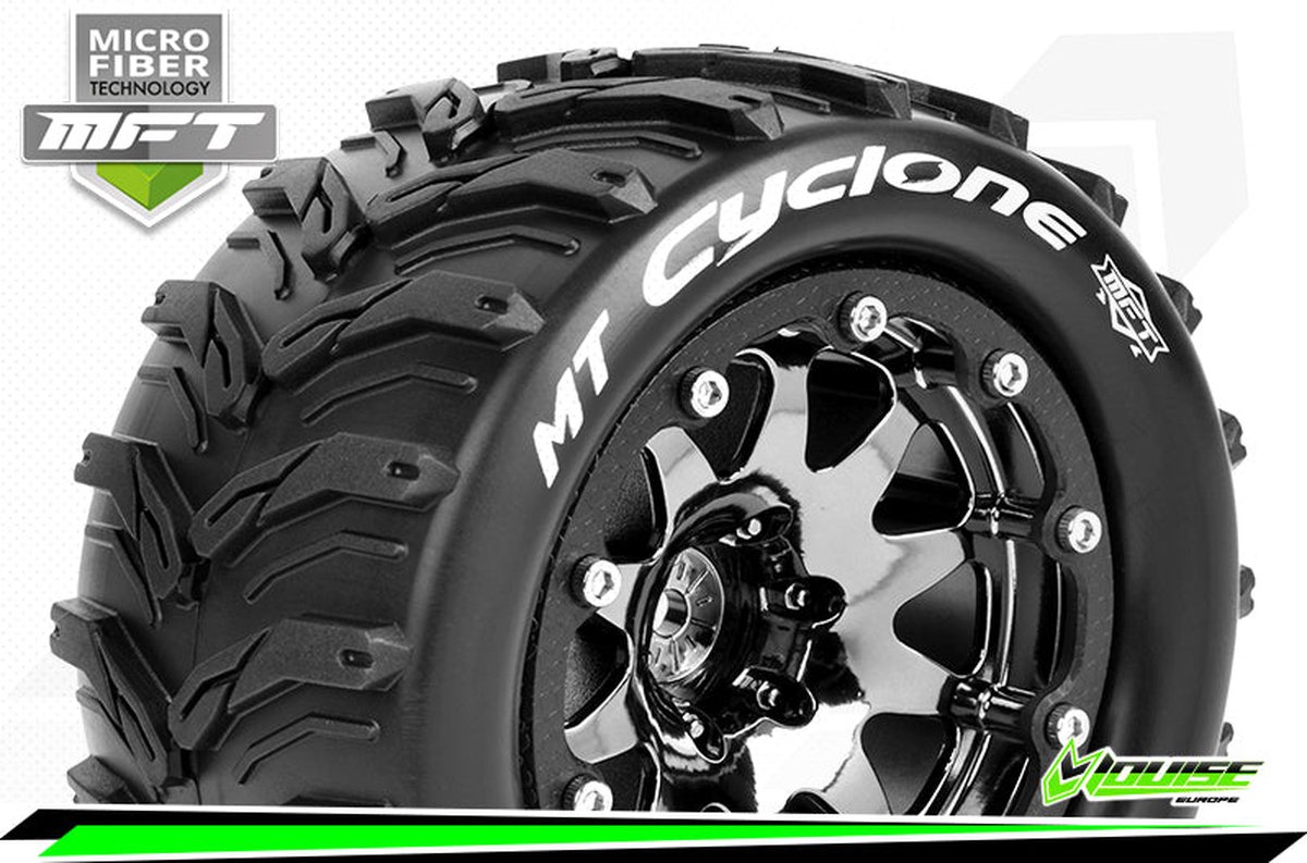 Louise RC - MFT - MT-CYCLONE - 1-10 Monster Truck Bandenset - Gemonteerd - Sport - 2.8 Bead-Lock Velgen Zwart-Chrome - 1/2-Offset - Zeskant 12mm - L-T3310SBCH