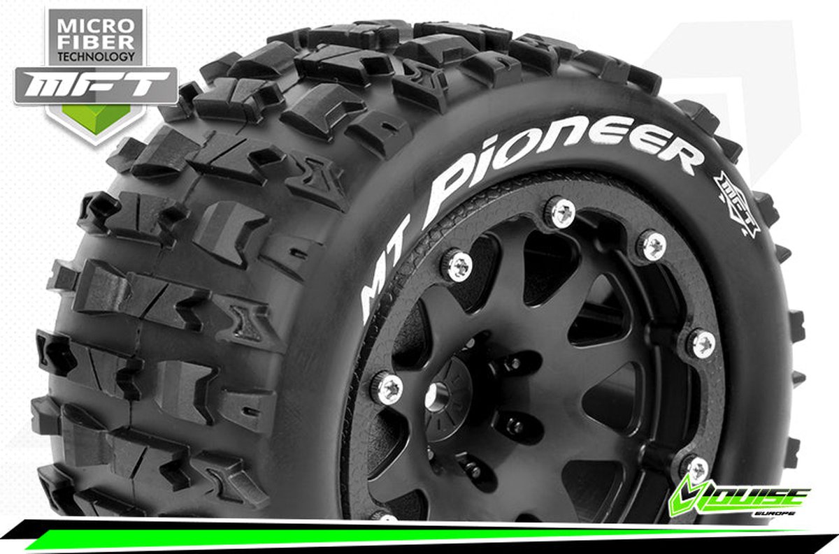 Louise RC - MFT - MT-PIONEER - 1-10 Monster Truck Bandenset - Gemonteerd - Sport - 2.8 Bead-Lock Velgen Zwart - 1/2-Offset - Zeskant 12mm - L-T3308SBH