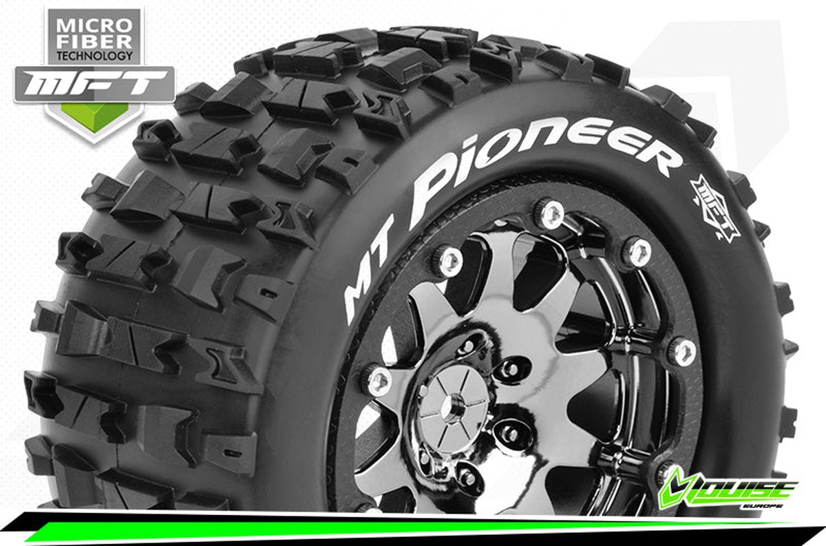 Louise RC - MFT - MT-PIONEER - 1-10 Monster Truck Bandenset - Gemonteerd - Sport - 2.8 Bead-Lock Velgen Zwart-Chrome - 0-Offset - Zeskant 12mm - L-T3308SBC