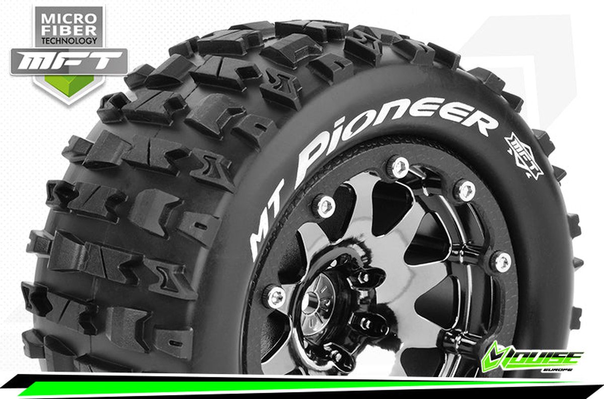 Louise RC - MFT - MT-PIONEER - 1-10 Monster Truck Bandenset - Gemonteerd - Sport - 2.8 Bead-Lock Velgen Zwart-Chrome - 1/2-Offset - Zeskant 12mm - L-T3308SBCH