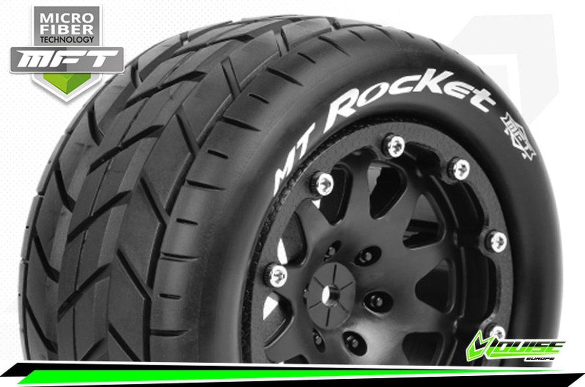 Louise RC - MFT - MT-ROCKET - 1-10 Monster Truck Bandenset - Gemonteerd - Sport - 2.8 Bead-Lock Velgen Zwart - 0-Offset - Zeskant 12mm - L-T3307SB