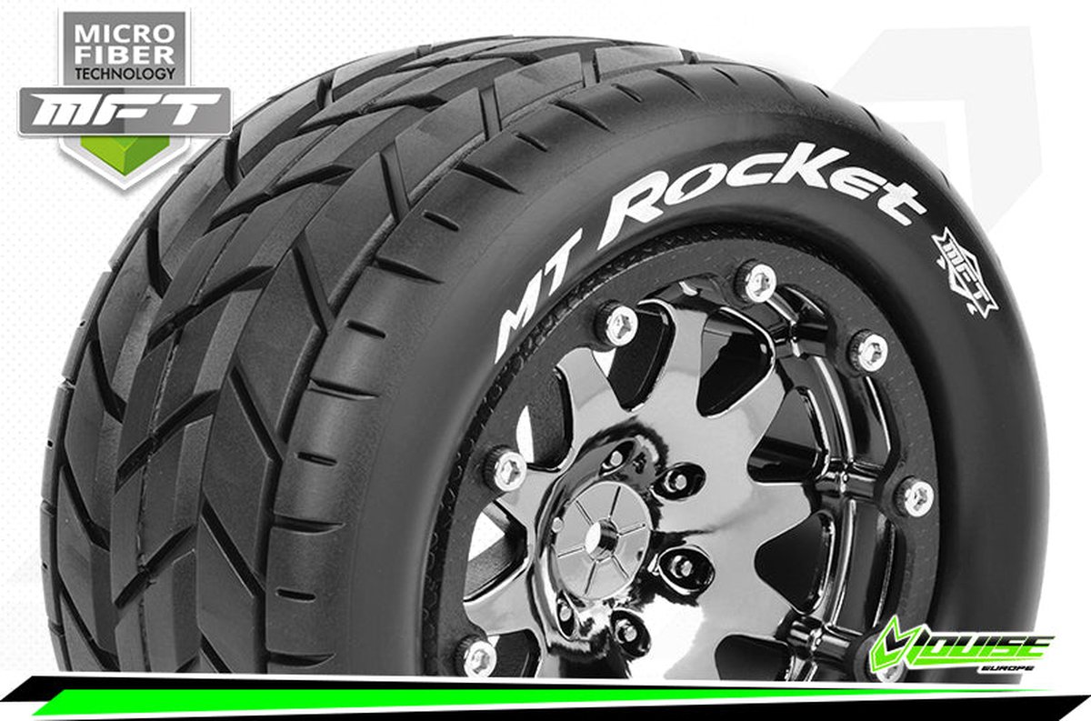 Louise RC - MFT - MT-ROCKET - 1-10 Monster Truck Bandenset - Gemonteerd - Sport - 2.8 Bead-Lock Velgen Zwart-Chrome - 0-Offset - Zeskant 12mm - L-T3307SBC