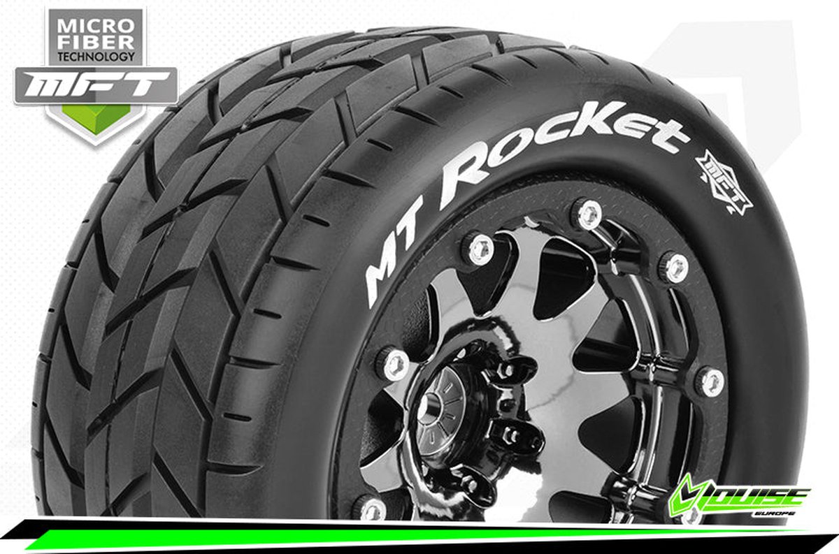 Louise RC - MFT - MT-ROCKET - 1-10 Monster Truck Bandenset - Gemonteerd - Sport - 2.8 Bead-Lock Velgen Zwart-Chrome - 1/2-Offset - Zeskant 12mm - L-T3307SBCH