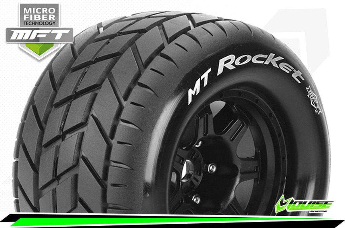 Louise RC - MFT - MT-ROCKET - 1-8 Monster Truck Bandenset - Gemonteerd - Sport - 3.8 Bead Style Velgen Zwart - 1/2-Offset - Zeskant 17mm - L-T3320BH