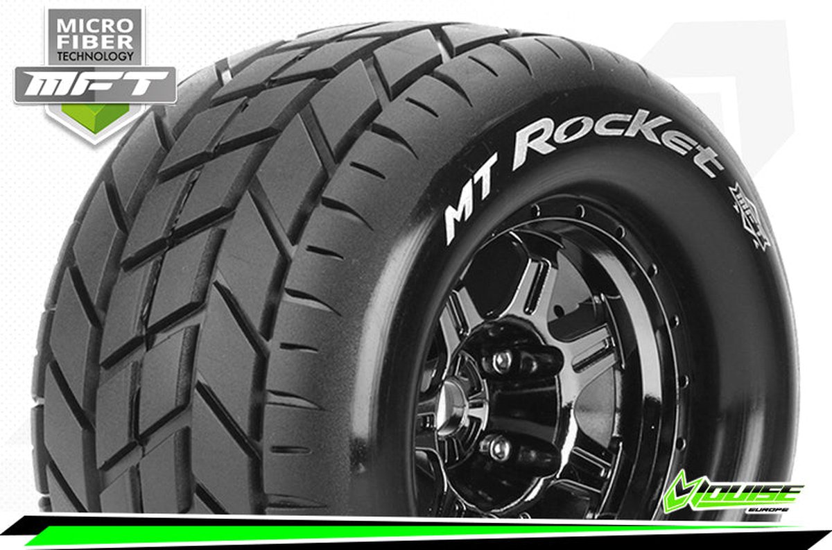 Louise RC - MFT - MT-ROCKET - 1-8 Monster Truck Bandenset - Gemonteerd - Sport - 3.8 Bead Style Velgen Zwart-Chrome - 0-Offset - Zeskant 17mm - L-T3320BC