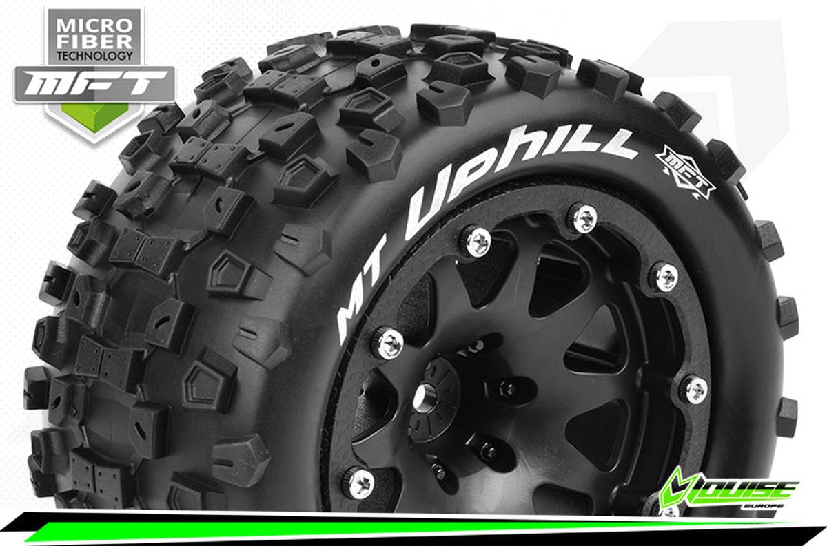 Louise RC - MFT - MT-UPHILL - 1-10 Monster Truck Bandenset - Gemonteerd - Sport - 2.8 Bead-Lock Velgen Zwart - 1/2-Offset - Zeskant 12mm - L-T3309SBH