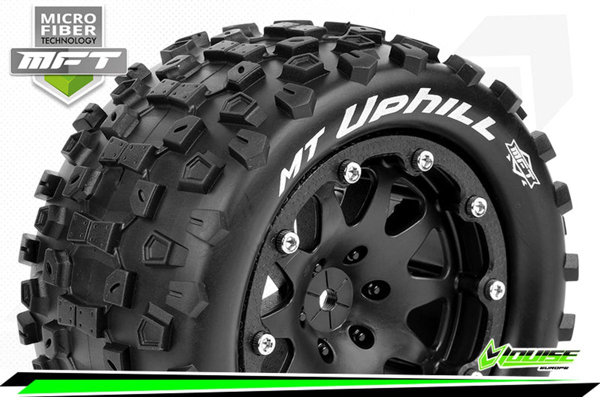 Louise RC - MFT - MT-UPHILL - 1-10 Monster Truck Bandenset - Gemonteerd - Sport - 2.8 Bead-Lock Velgen Zwart - 1/2-Offset - Zeskant 14mm - L-T3309SBM