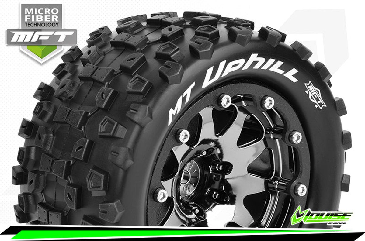 Louise RC - MFT - MT-UPHILL - 1-10 Monster Truck Bandenset - Gemonteerd - Sport - 2.8 Bead-Lock Velgen Zwart-Chrome - 1/2-Offset - Zeskant 12mm - L-T3309SBCH