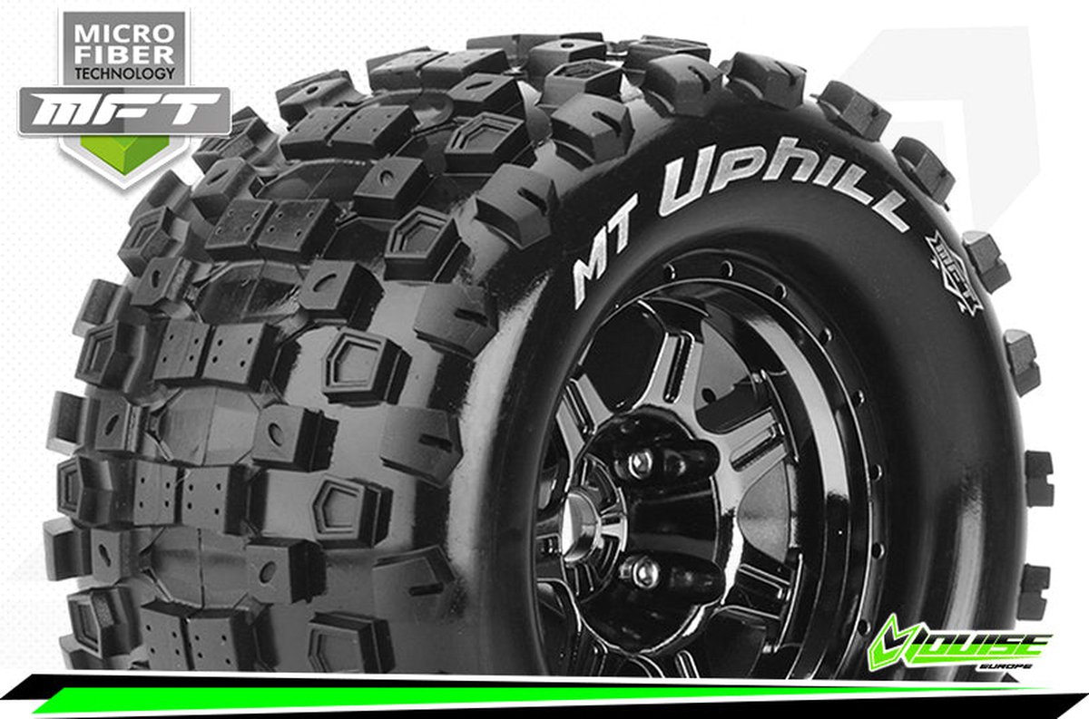 Louise RC - MFT - MT-UPHILL - 1-8 Monster Truck Bandenset - Gemonteerd - Sport - 3.8 Bead Style Velgen Zwart-Chrome - 0-Offset - Zeskant 17mm - L-T3322BC