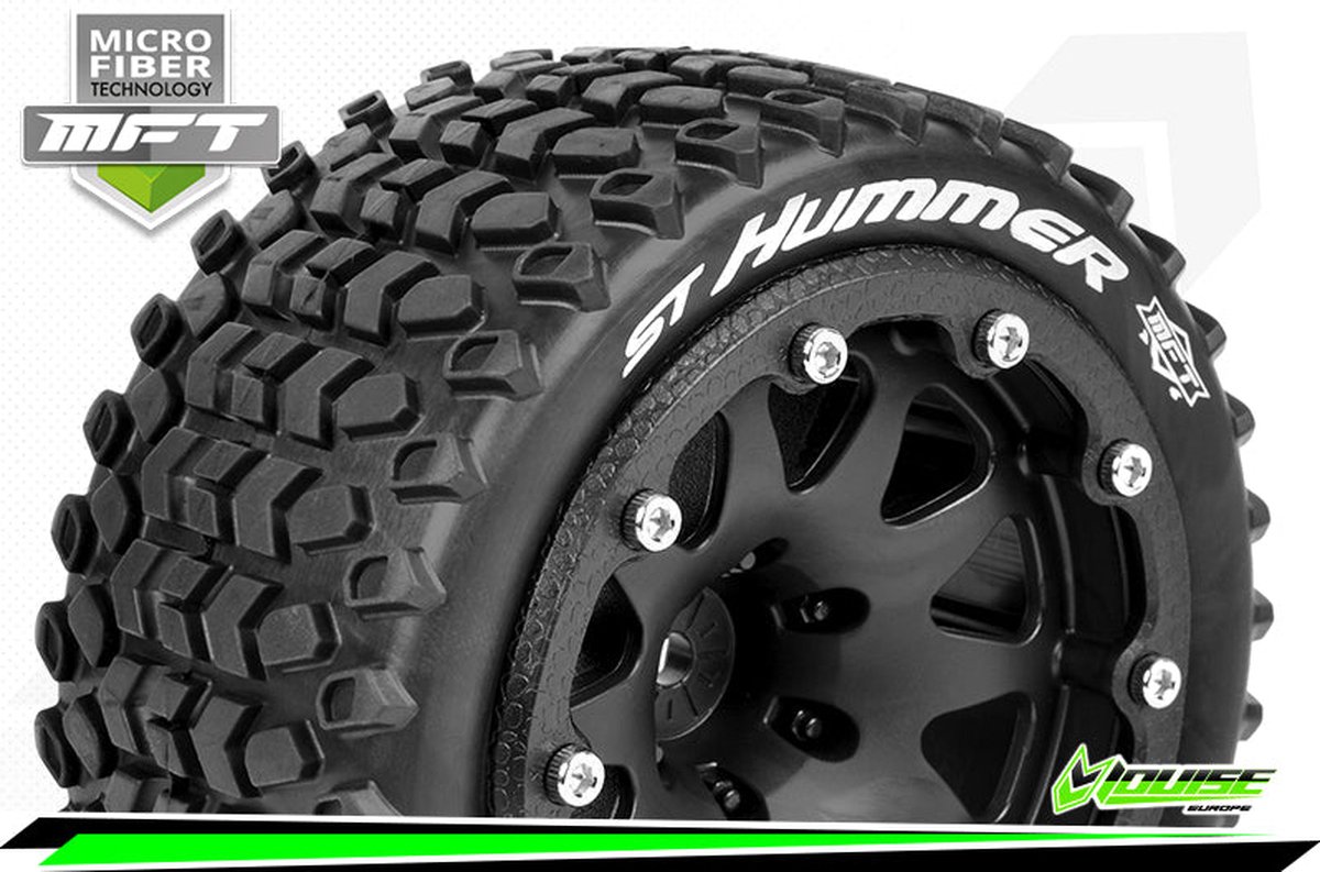 Louise RC - MFT - ST-HUMMER - 1-10 Monster Truck Bandenset - Gemonteerd - Sport - 2.8 Bead-Lock Velgen Zwart - 1/2-Offset - Zeskant 12mm - L-T3314SBH