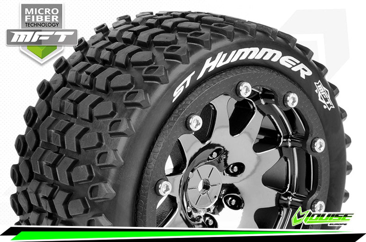 Louise RC - MFT - ST-HUMMER - 1-10 Monster Truck Bandenset - Gemonteerd - Sport - 2.8 Bead-Lock Velgen Zwart-Chrome - 0-Offset - Zeskant 12mm - L-T3314SBC