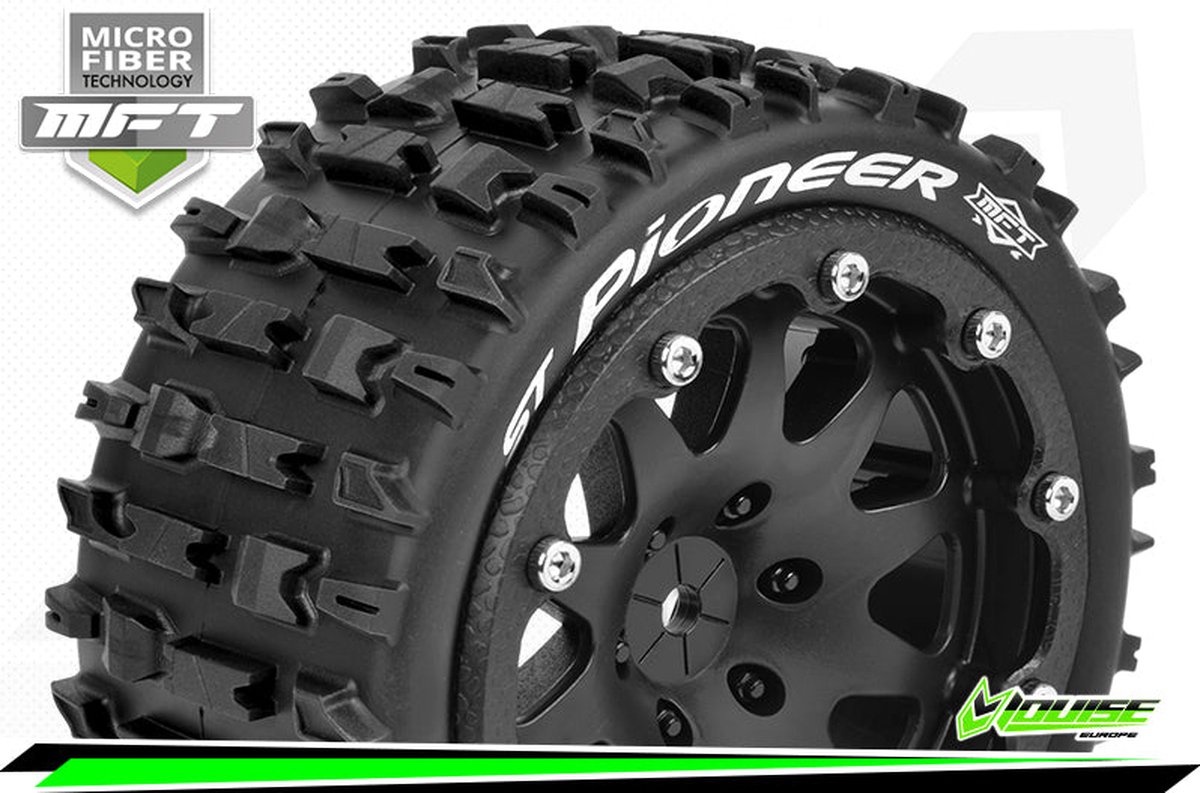 Louise RC - MFT - ST-PIONEER - 1-10 Monster Truck Bandenset - Gemonteerd - Sport - 2.8 Bead-Lock Velgen Zwart - 0-Offset - Zeskant 12mm - L-T3312SB