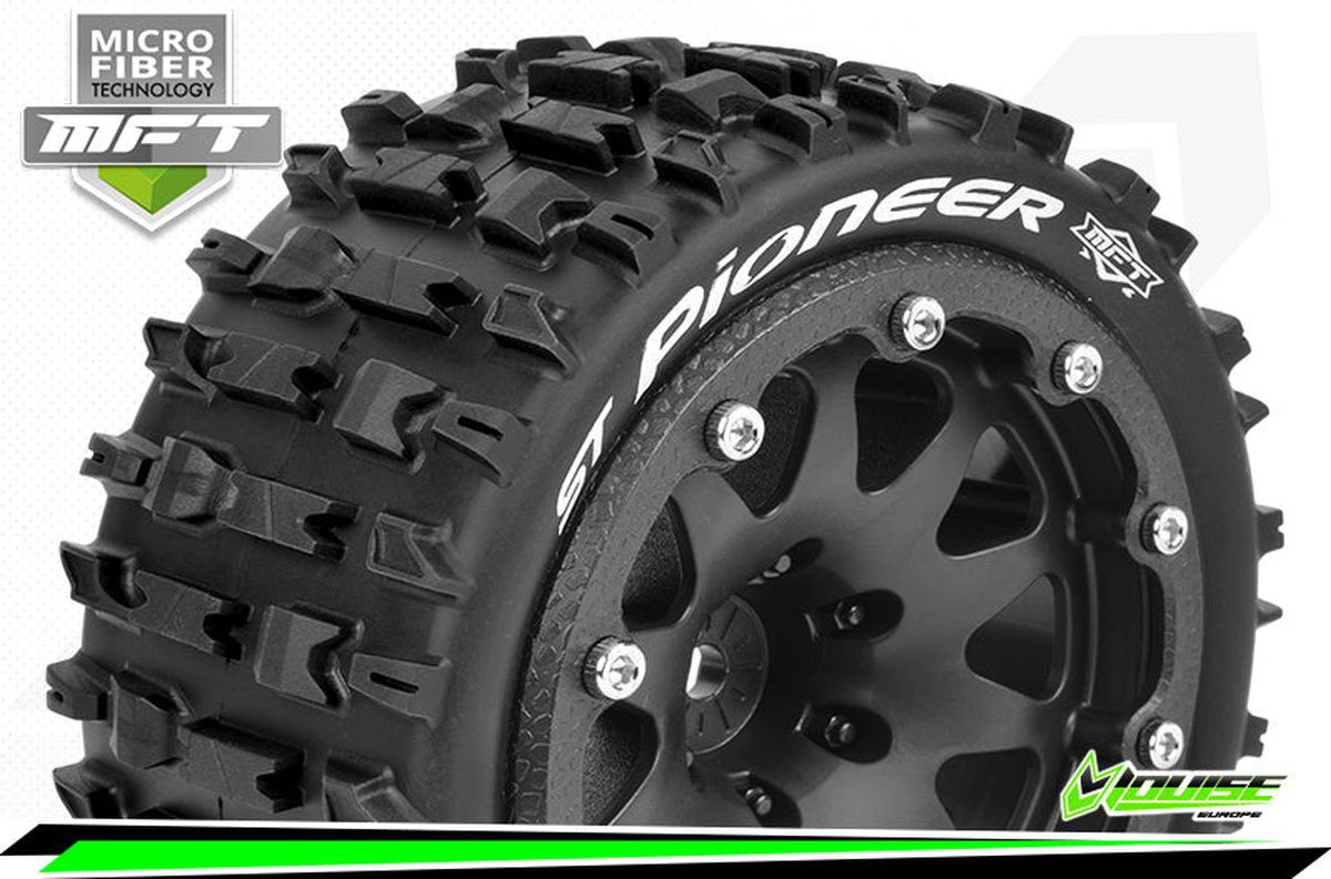 Louise RC - MFT - ST-PIONEER - 1-10 Monster Truck Bandenset - Gemonteerd - Sport - 2.8 Bead-Lock Velgen Zwart - 1/2-Offset - Zeskant 12mm - L-T3312SBH