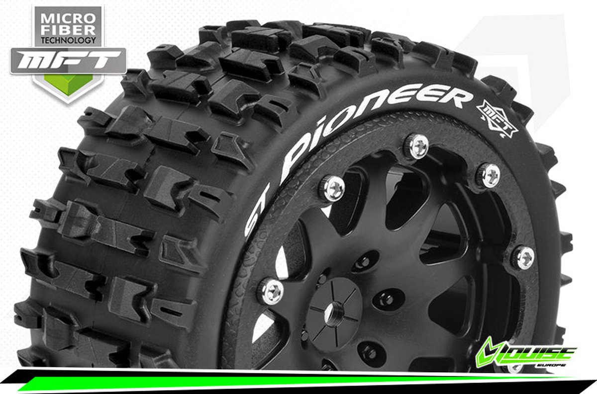 Louise RC - MFT - ST-PIONEER - 1-10 Monster Truck Bandenset - Gemonteerd - Sport - 2.8 Bead-Lock Velgen Zwart - 1/2-Offset - Zeskant 14mm - L-T3312SBM