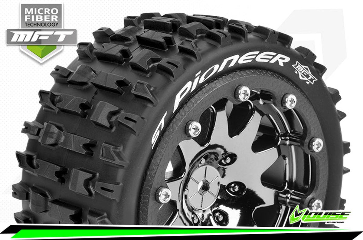 Louise RC - MFT - ST-PIONEER - 1-10 Monster Truck Bandenset - Gemonteerd - Sport - 2.8 Bead-Lock Velgen Zwart-Chrome - 0-Offset - Zeskant 12mm - L-T3312SBC