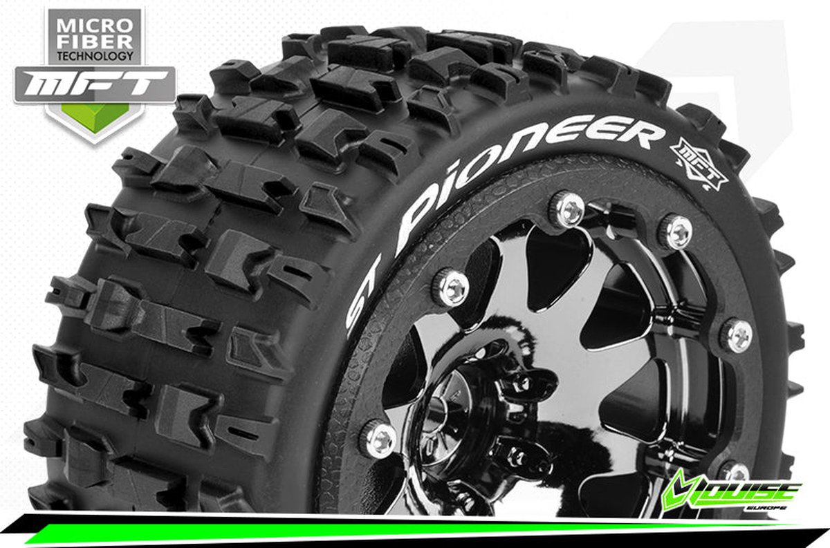 Louise RC - MFT - ST-PIONEER - 1-10 Monster Truck Bandenset - Gemonteerd - Sport - 2.8 Bead-Lock Velgen Zwart-Chrome - 1/2-Offset - Zeskant 12mm - L-T3312SBCH