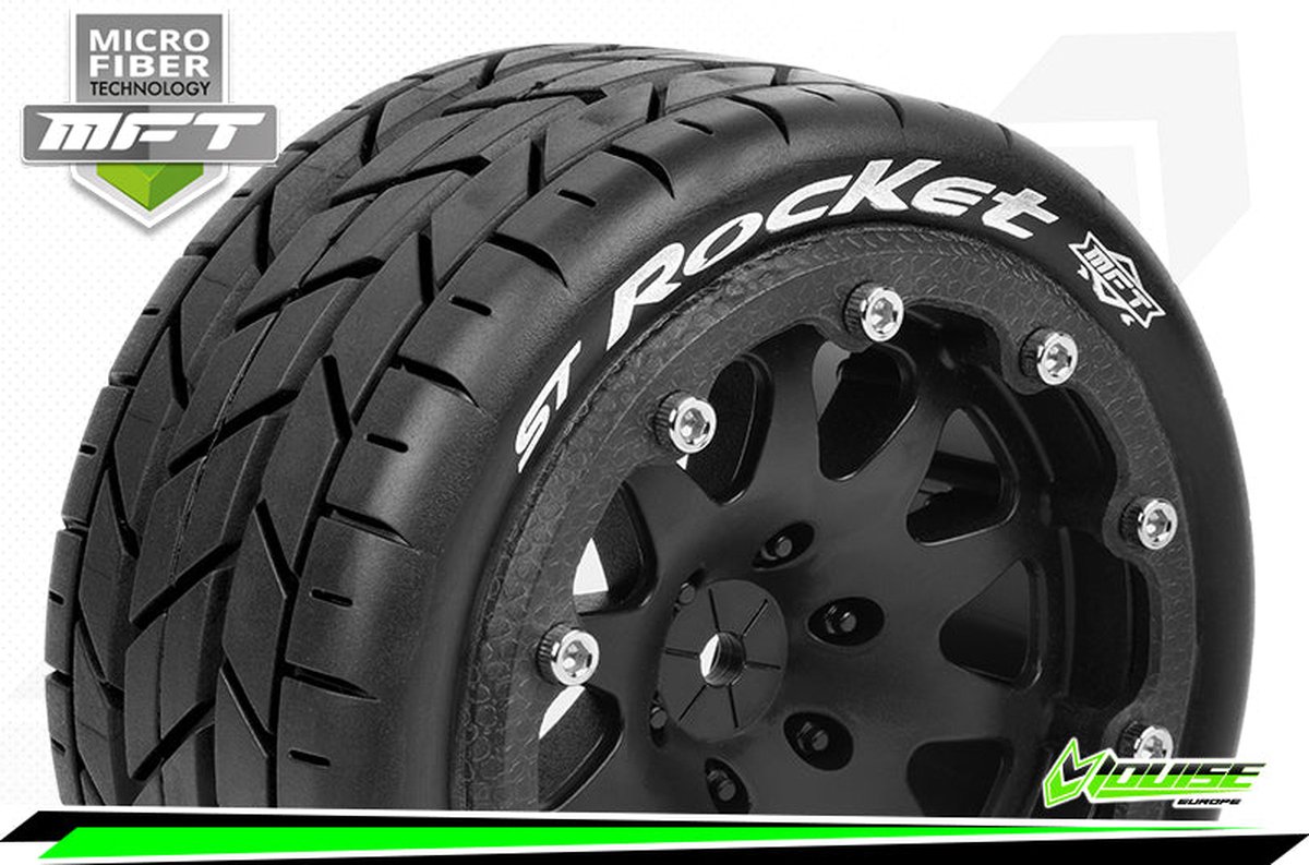 Louise RC - MFT - ST-ROCKET - 1-10 Monster Truck Bandenset - Gemonteerd - Sport - 2.8 Bead-Lock Velgen Zwart - 0-Offset - Zeskant 12mm - L-T3311SB