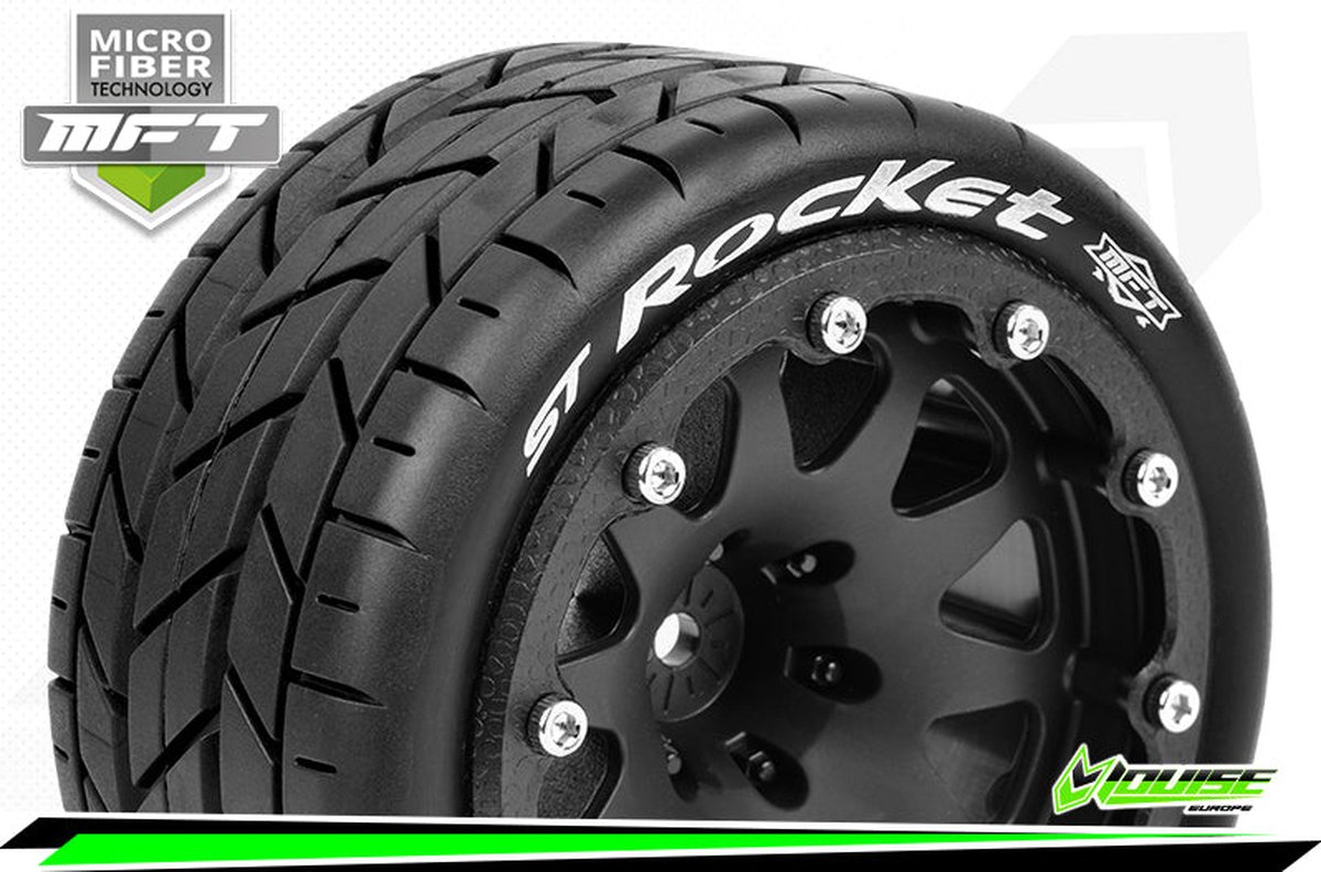 Louise RC - MFT - ST-ROCKET - 1-10 Monster Truck Bandenset - Gemonteerd - Sport - 2.8 Bead-Lock Velgen Zwart - 1/2-Offset - Zeskant 12mm - L-T3311SBH