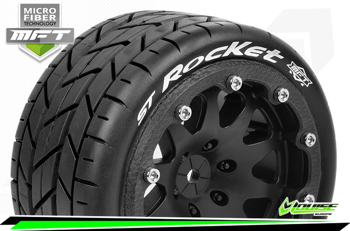 Louise RC - MFT - ST-ROCKET - 1-10 Monster Truck Bandenset - Gemonteerd - Sport - 2.8 Bead-Lock Velgen Zwart - 1/2-Offset - Zeskant 14mm - L-T3311SBM