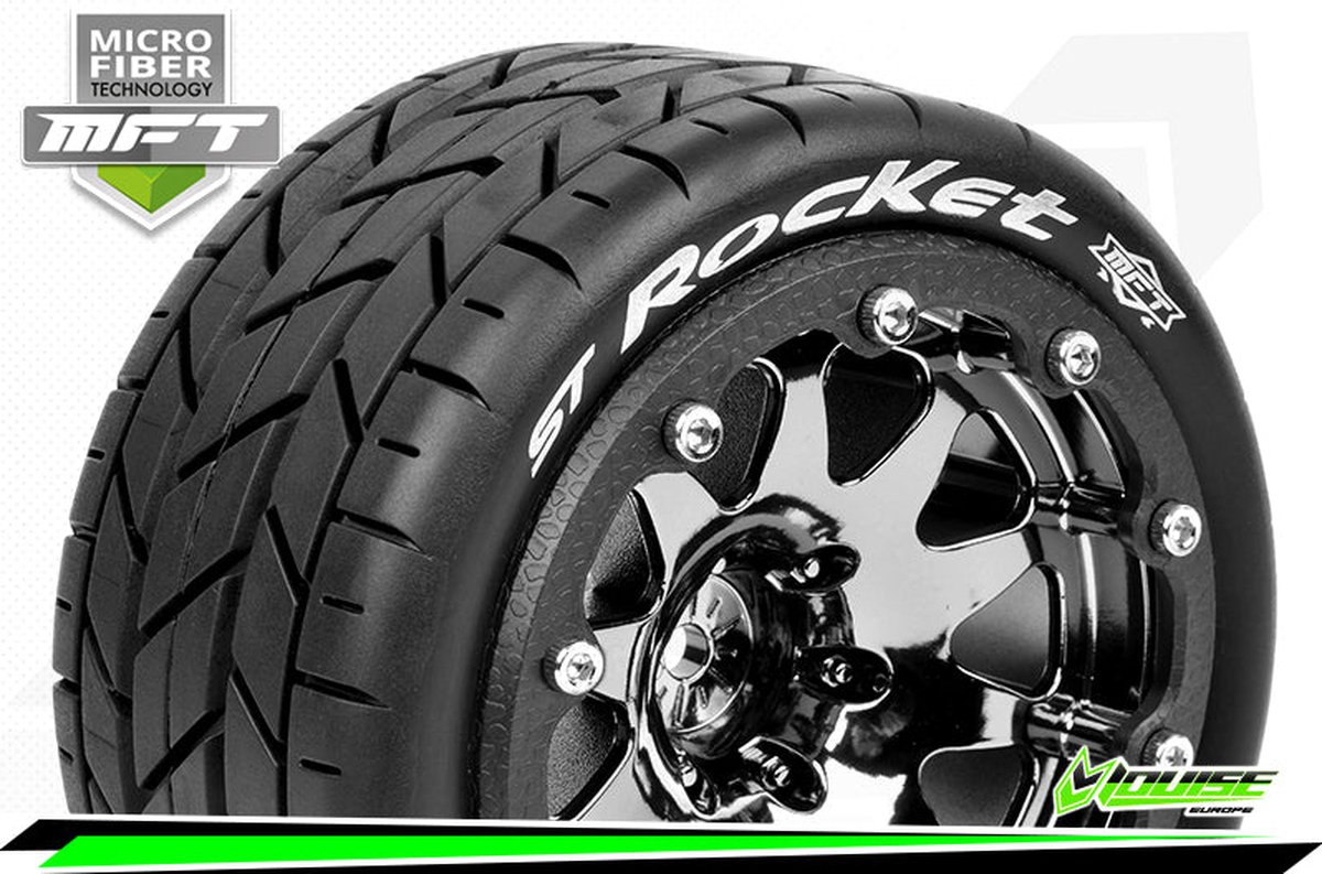 Louise RC - MFT - ST-ROCKET - 1-10 Monster Truck Bandenset - Gemonteerd - Sport - 2.8 Bead-Lock Velgen Zwart-Chrome - 1/2-Offset - Zeskant 12mm - L-T3311SBCH