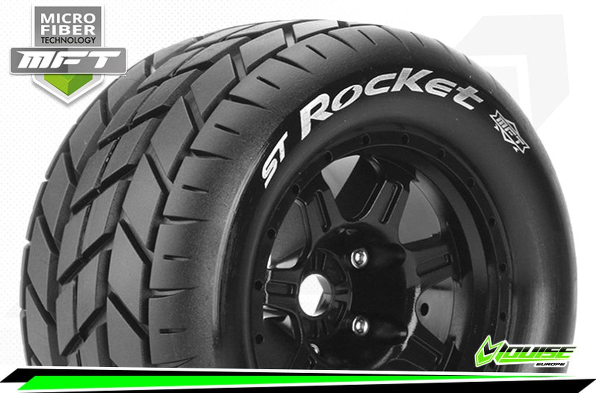 Louise RC - MFT - ST-ROCKET - 1-8 Stadium Truck Bandenset - Gemonteerd - Sport - 3.8 Bead Style Velgen Zwart - 0-Offset - Zeskant 17mm - L-T3324B