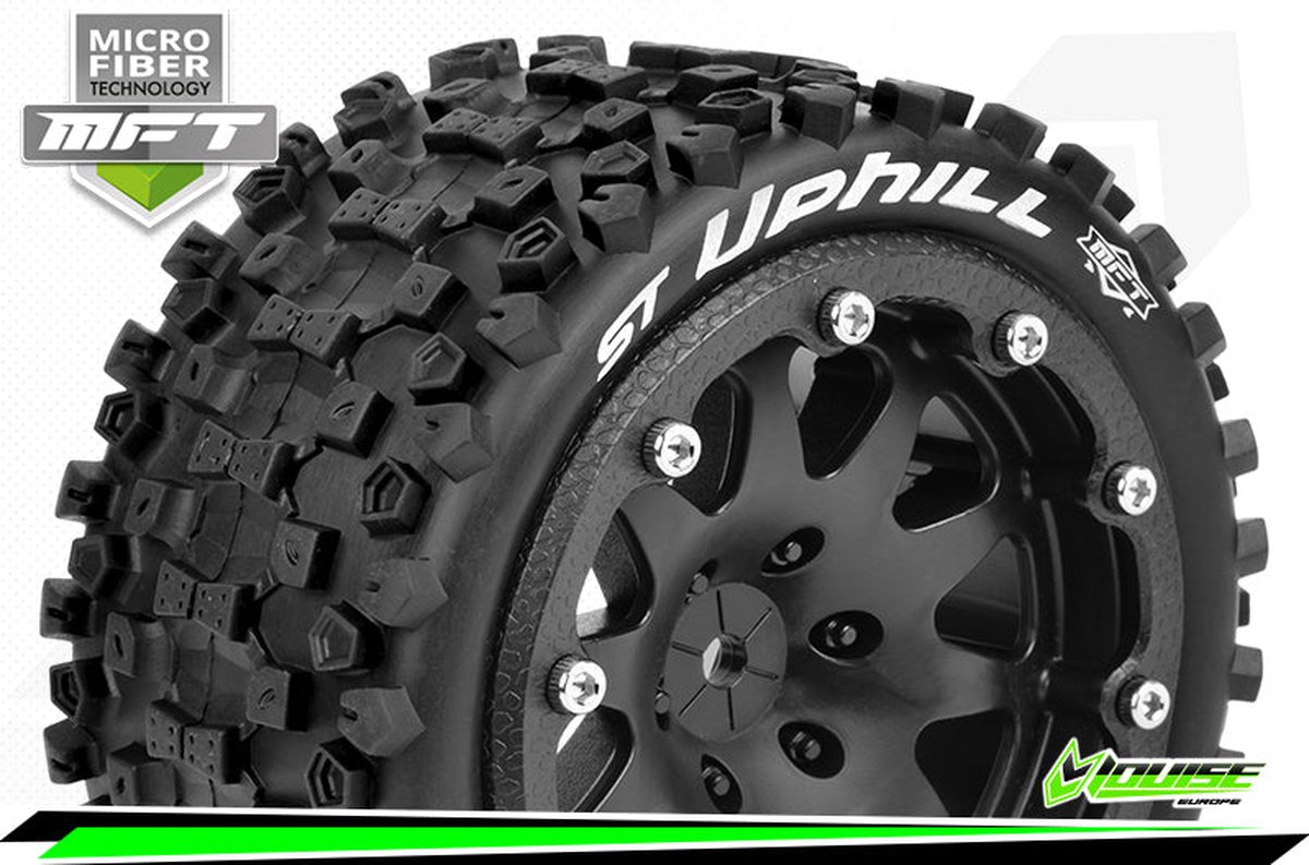 Louise RC - MFT - ST-UPHILL - 1-10 Monster Truck Bandenset - Gemonteerd - Sport - 2.8 Bead-Lock Velgen Zwart - 0-Offset - Zeskant 12mm - L-T3313SB