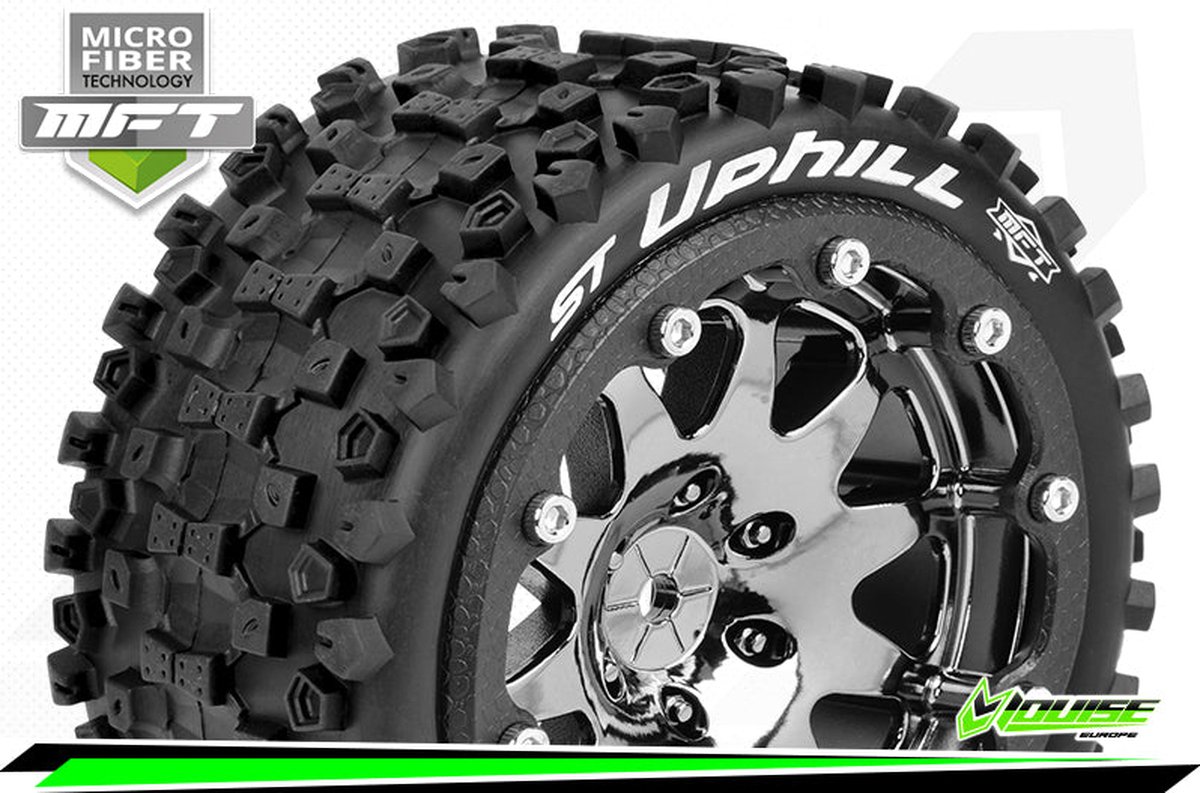 Louise RC - MFT - ST-UPHILL - 1-10 Monster Truck Bandenset - Gemonteerd - Sport - 2.8 Bead-Lock Velgen Zwart-Chrome - 0-Offset - Zeskant 12mm - L-T3313SBC