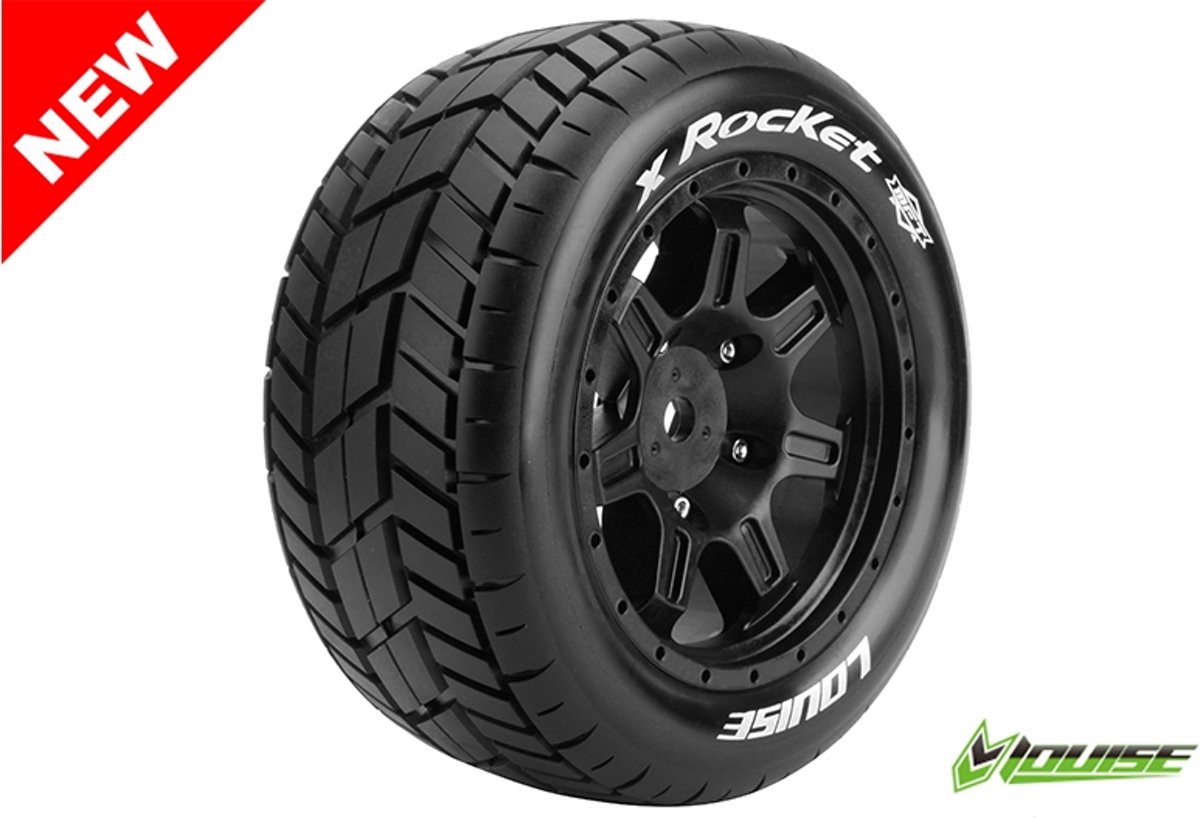 Louise RC - X-ROCKET - X-Maxx Banden Set - Verlijmd op Velg - SPORT - Velgen Zwart - Hex 24mm - 1 Paar