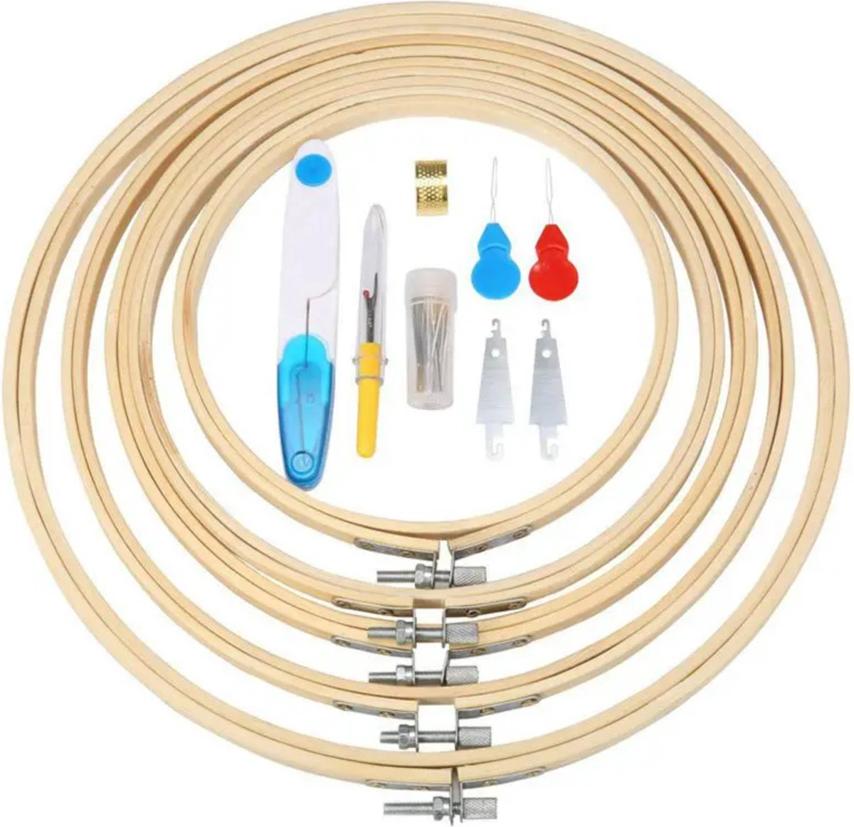 5 Maten set -  en - Borduurpakket - Quiltring -  en met naalden - Van 13,5 tot 27 cm -  