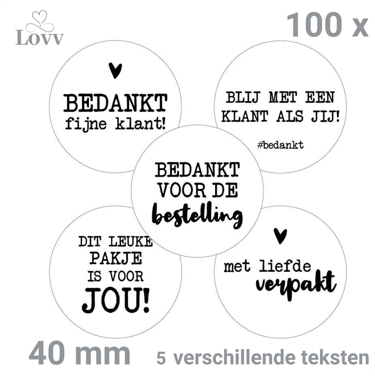 Stickers-Nederlandse Bedrijfsstickers Large-Pakketzegels-Dank Je Stickers-5 Teksten-Sluitstickers-Sluitzegels-100 Stuks- 40 mm