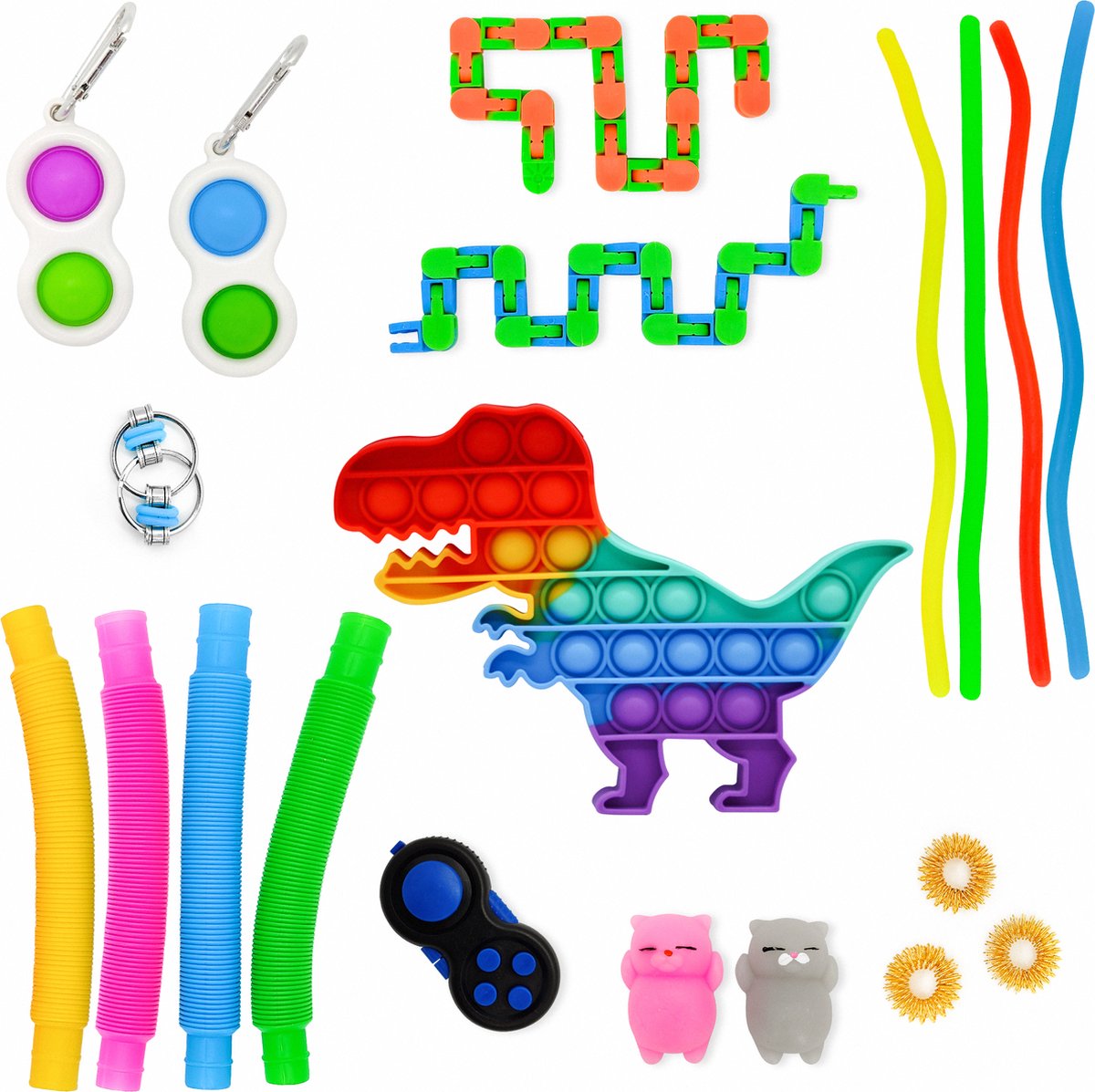 LUNITA® 20 Stuks Fidget Toys Pakket - Pop it Dino - Simple Dimple - Pop It Sleutelhanger - Kerstcadeau - Anti Stress