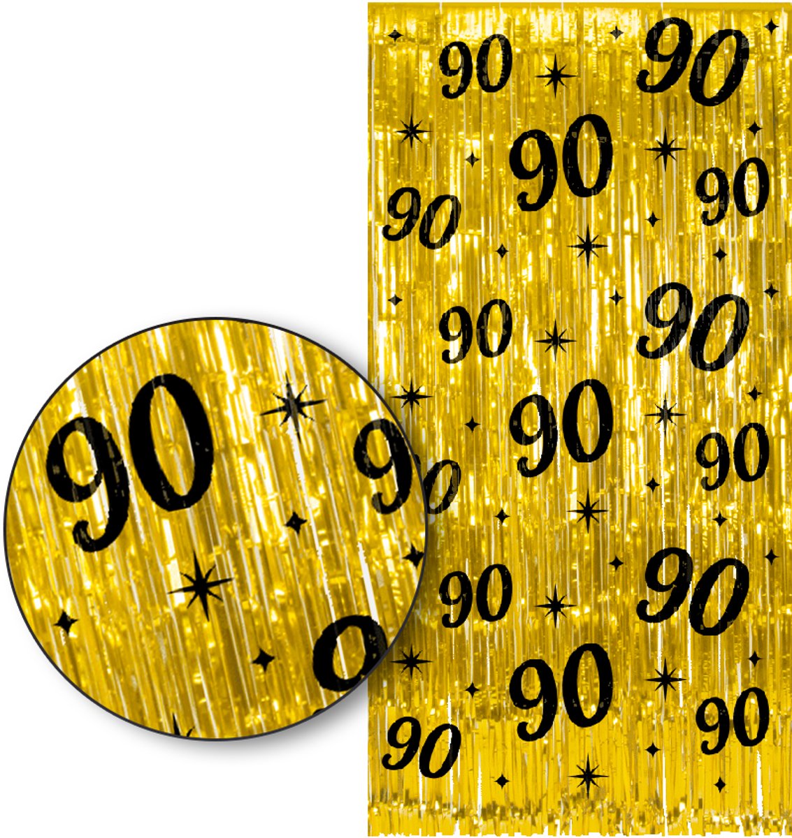   – 90 Jaar Franjes Gordijn – Goud & Zwart Tinsel Curtain 2x1 m – Luxe feestdecoratie voor verjaardag/birthday party.