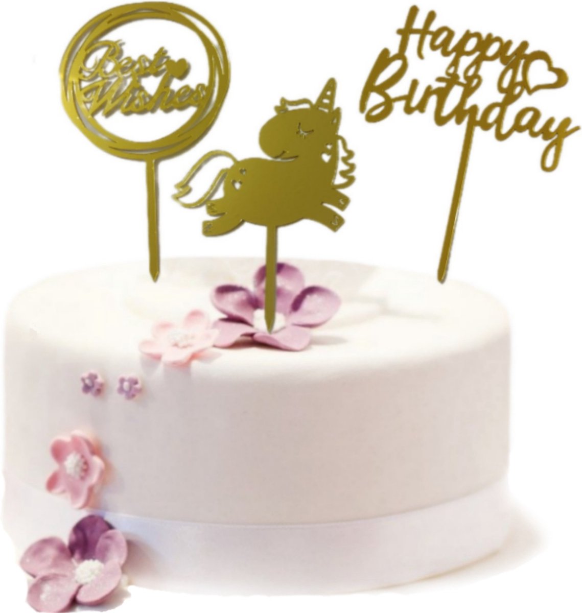 La Lovelya® - Cake Topper Set - Unicorn - Happy Birthday - Best Wishes - Taart Topper – Taartdecoratie - Goud - Acryl - 3 Stuks