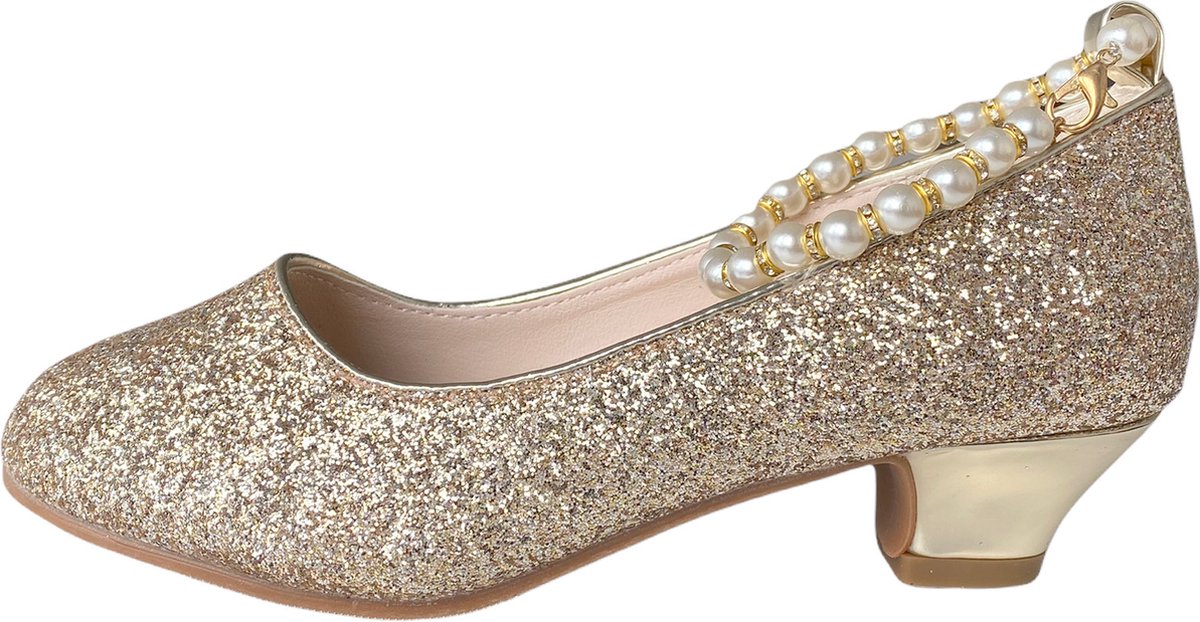 Communie schoenen - Prinsessen schoenen goud glitter met pareltjes - maat 26 (binnenmaat 17 cm) bij bruidsmeisjes jurk