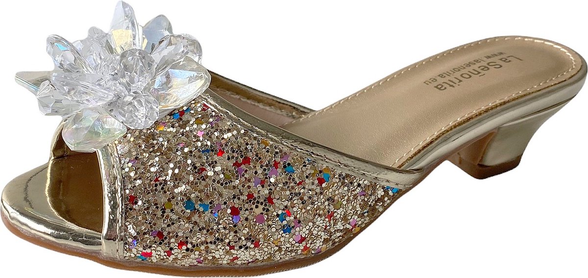 Elsa Prinsessen slipper schoenen goud glitter met hakje maat 26 - binnenmaat 16 cm - bij jurk verkleedkleding