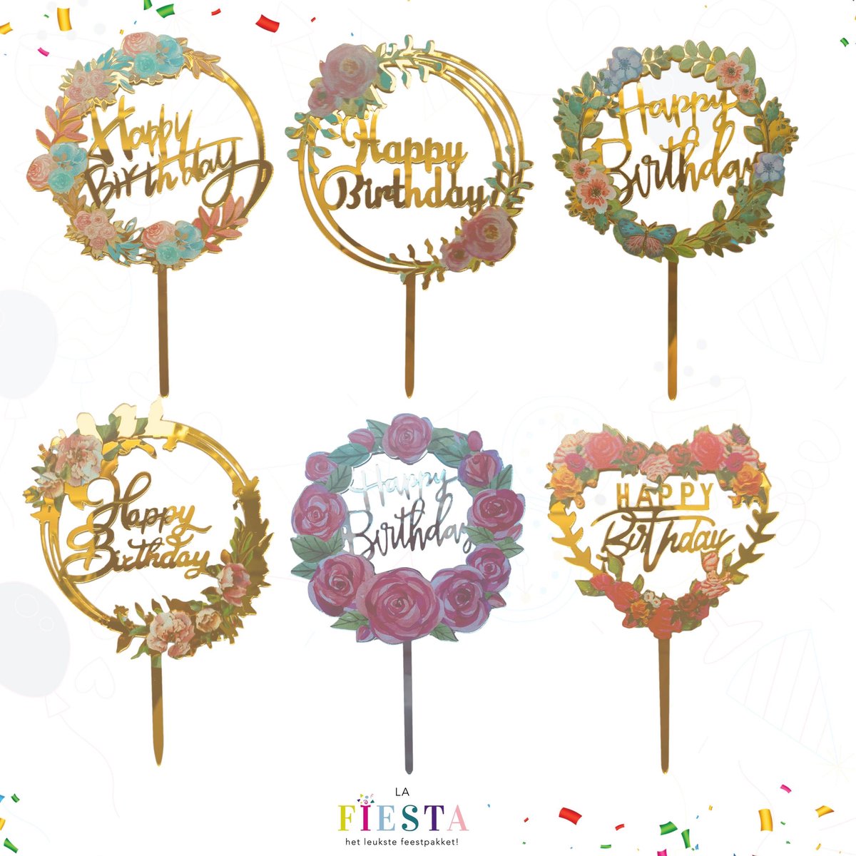 Taart Decoratie Happy Birthday - 6 stuks - Bloemen - Goud & Zilver - Caketoppers - Taarttoppers - Taartversiering - Verjaardag Versiering - Feestversiering