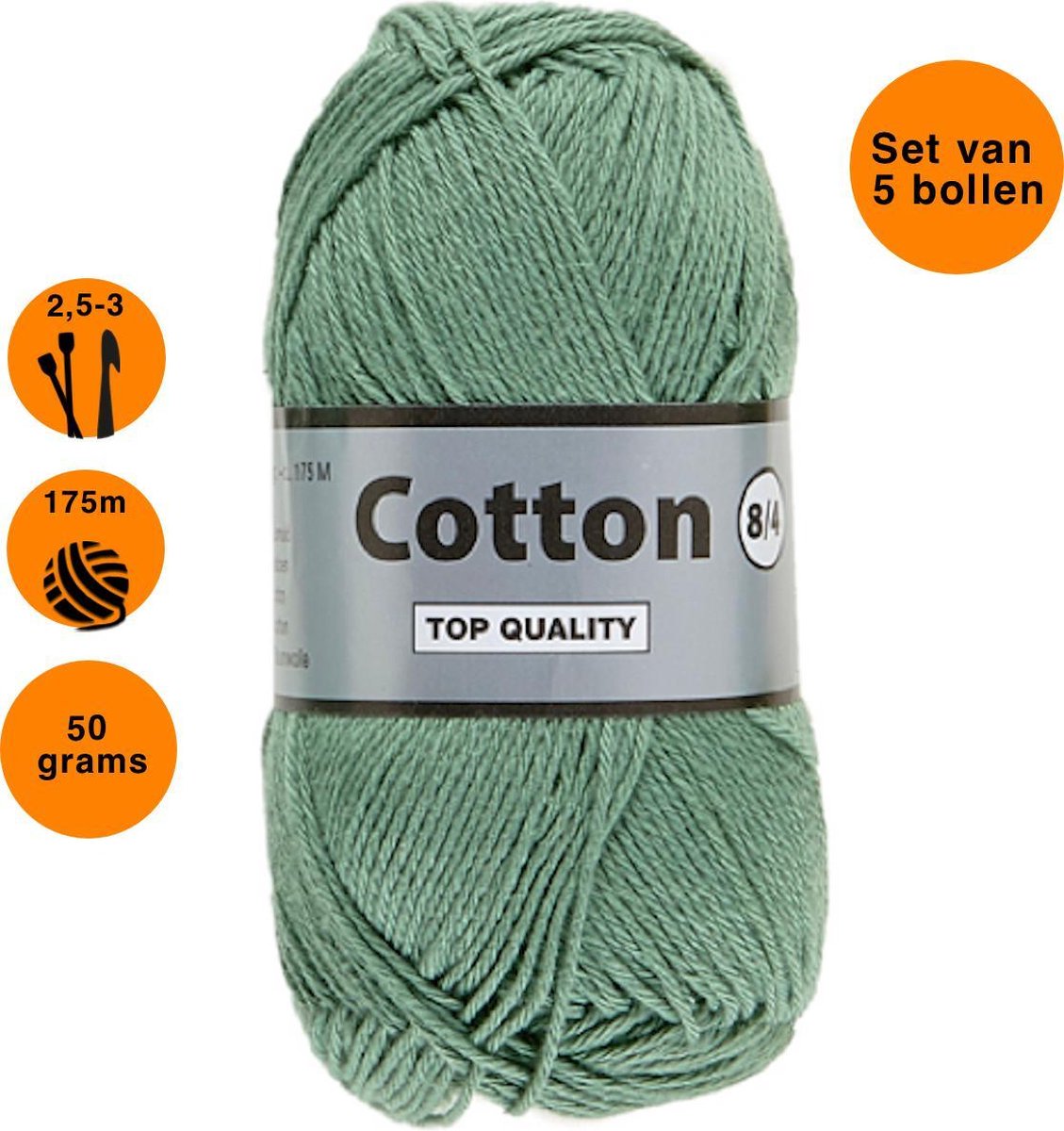 Lammy yarns Cotton eight 8/4 dun katoen garen - groen (375) - pendikte 2,5 a 3mm - 5 bollen van 50 gram