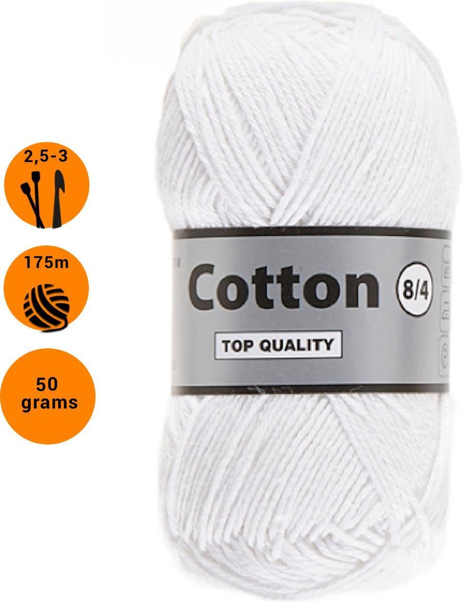 Lammy yarns Cotton eight 8/4 dun katoen garen - wit (005) - pendikte 2,5 a 3mm - 1 bol van 50 gram