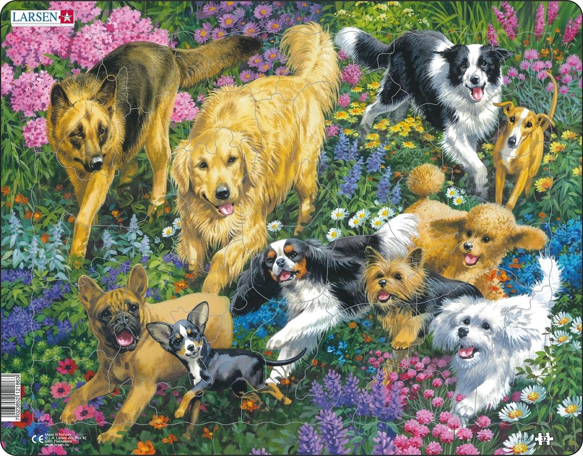 Puzzel Maxi Dieren - Honden in een veld met bloemen - 32 stukjes