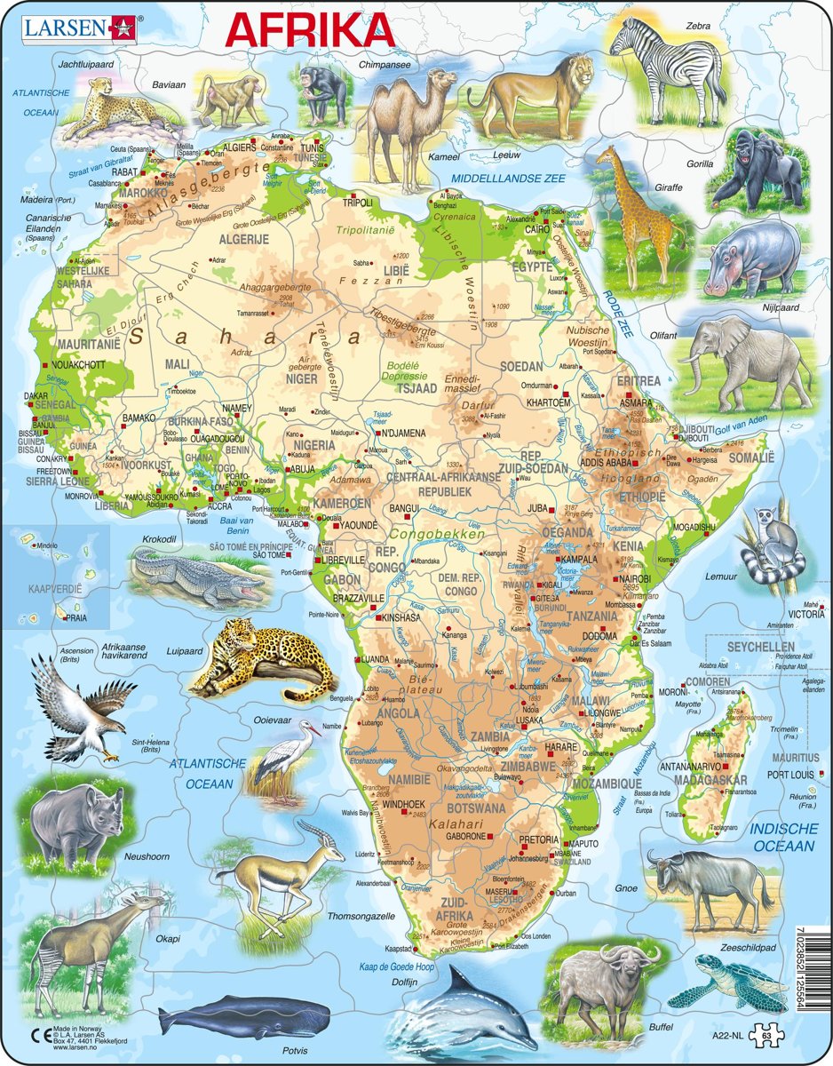 Puzzel Maxi Kaart - Afrika Geografisch met Dieren - 63 stukjes