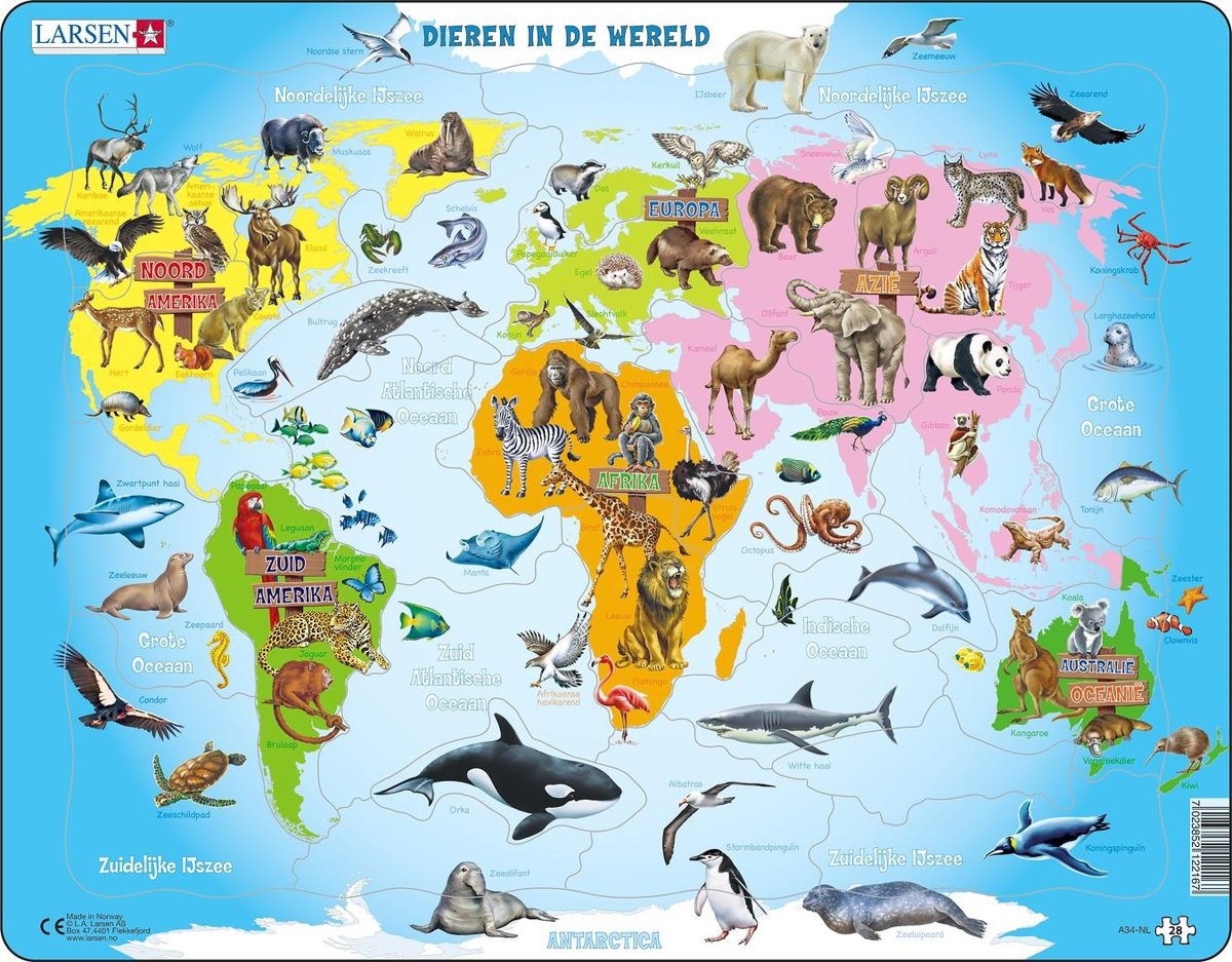 Puzzel Maxi Kaart - Dieren in de Wereld - 28 stukjes