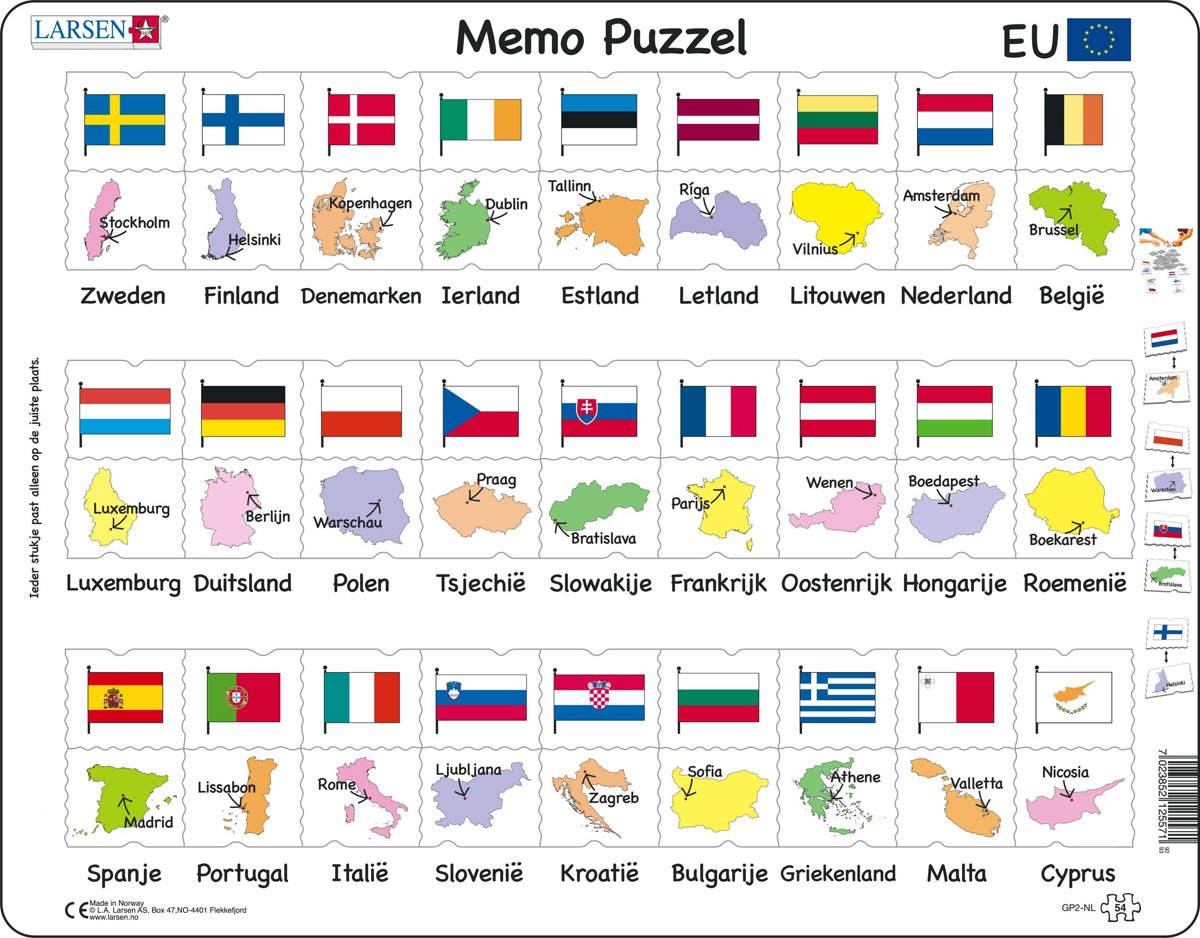 Puzzel Maxi Memopuzzel - Namen, vlaggen en hoofdsteden van 27 EU-lidstaten - 54 stukjes