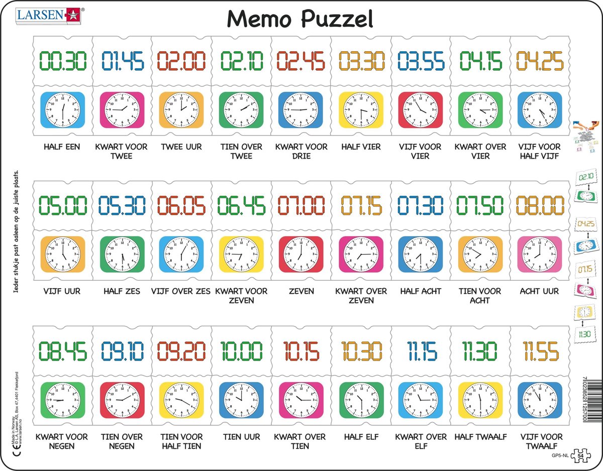 Puzzel Maxi Memopuzzel Leren Klokkijken- Traditionele en digitale klok - 54 stukjes