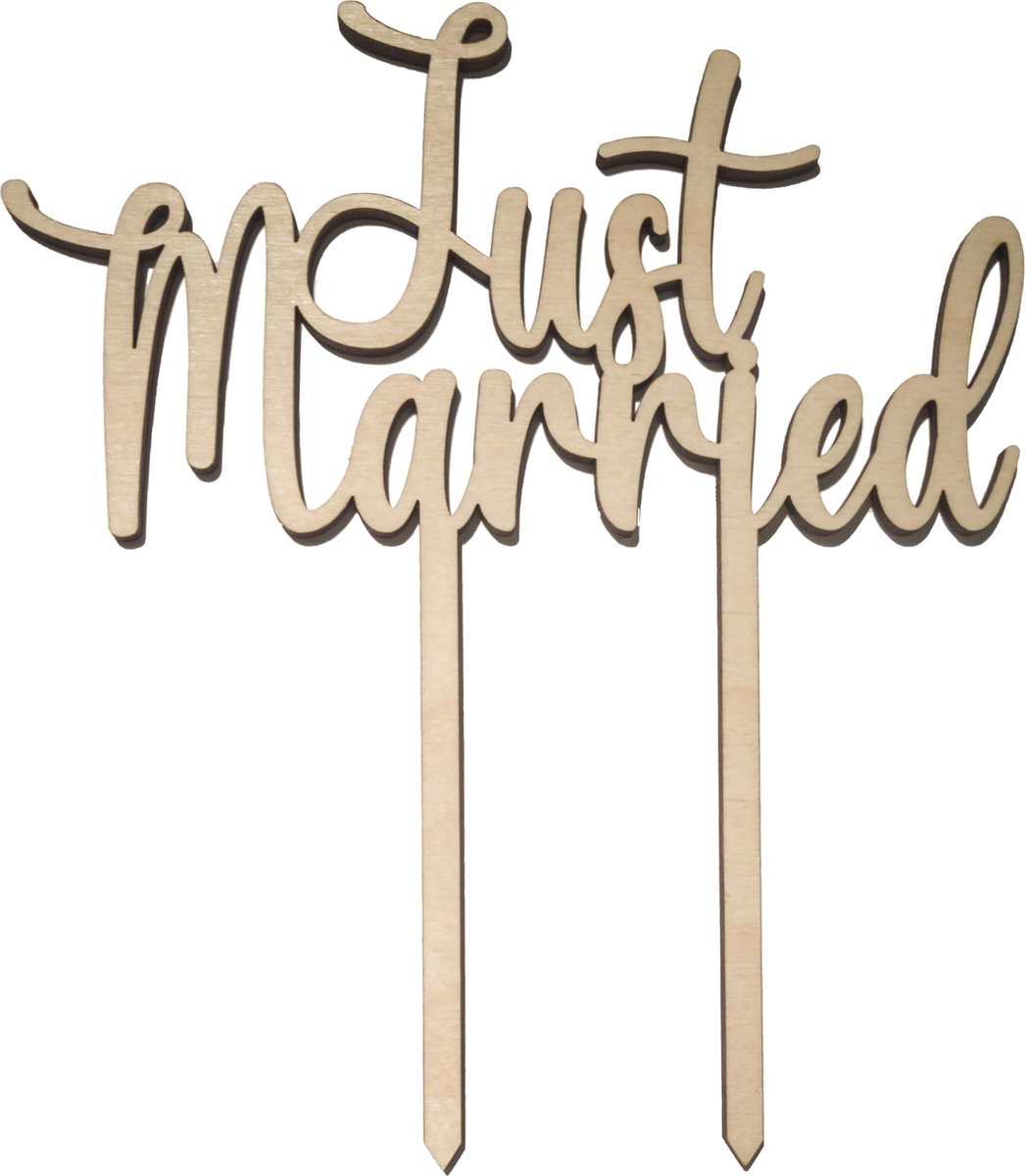 Houten Taarttopper Just Married - Taart decoratie trouwen - Huwelijk