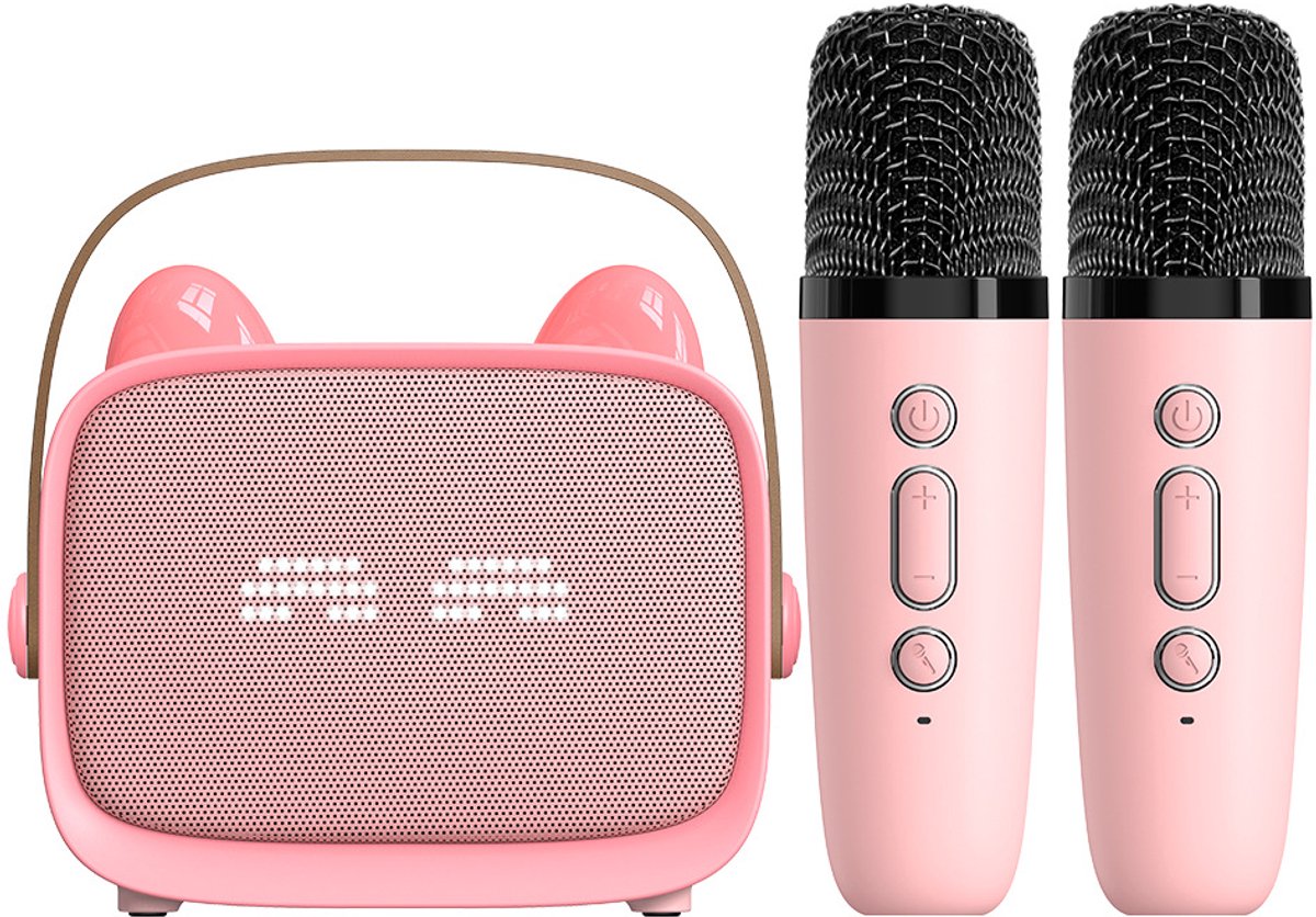 Karaoke Set - 2 Microfoons - Draagbaar - Bluetooth - Telefoonhouder - Roze
