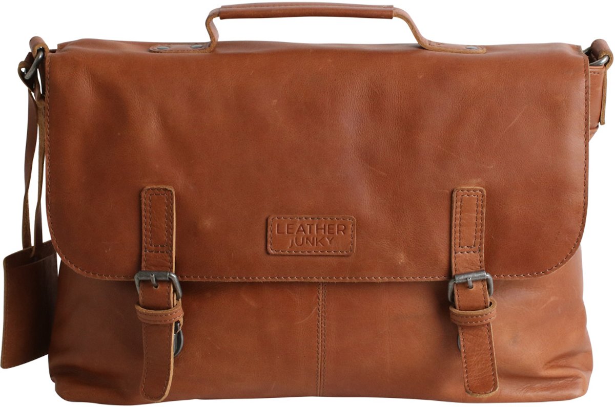 Leather Junky laptop tas - The Bookmaker Bag - Bruin/Tan - Leer